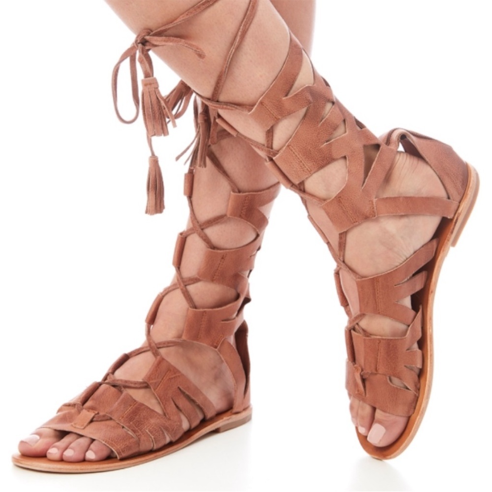 Free People Women's Tan Gladiator Sandals Lace Up Brown Tan Size 39 8.5